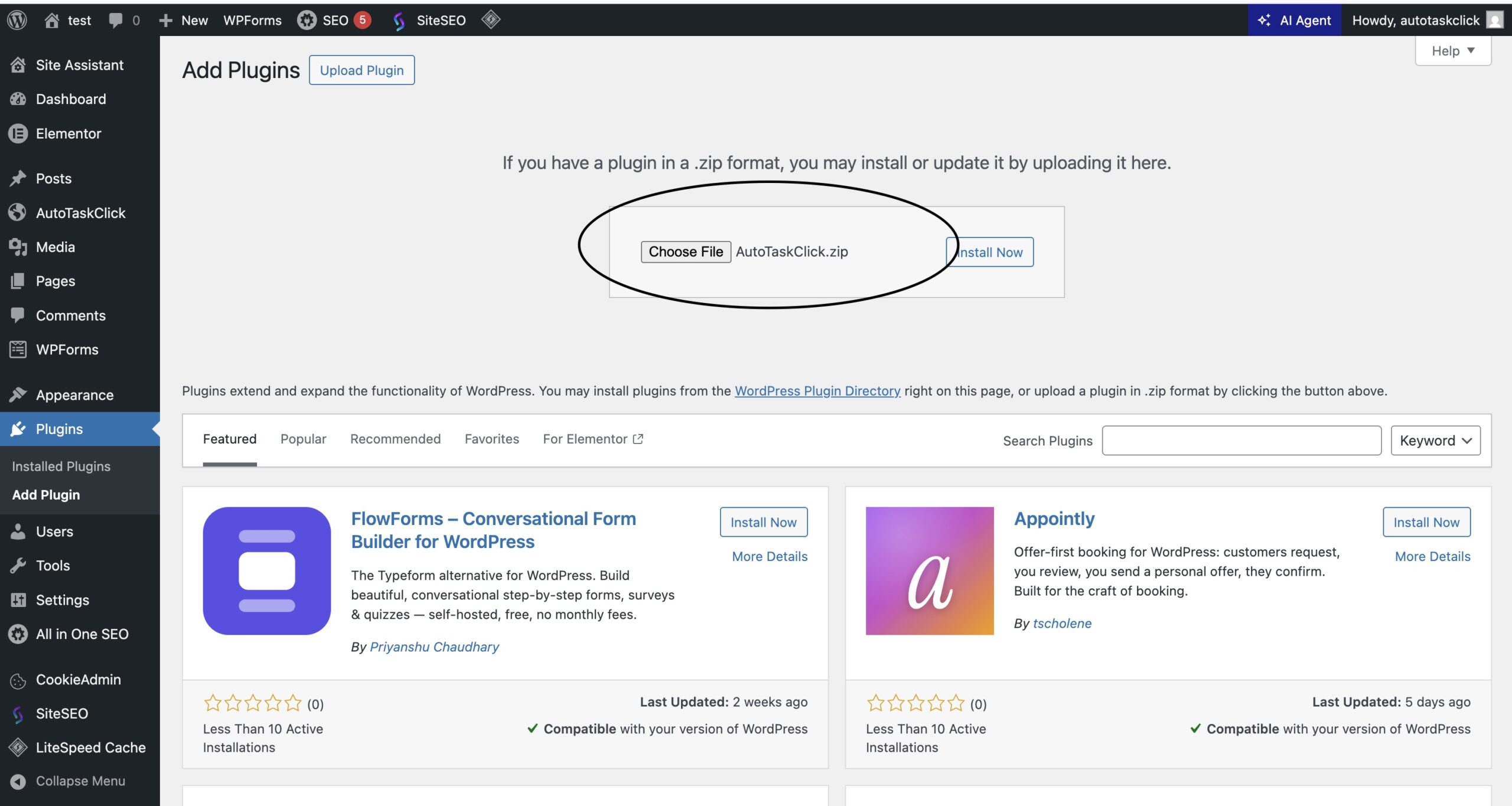 WordPress plugin upload screen