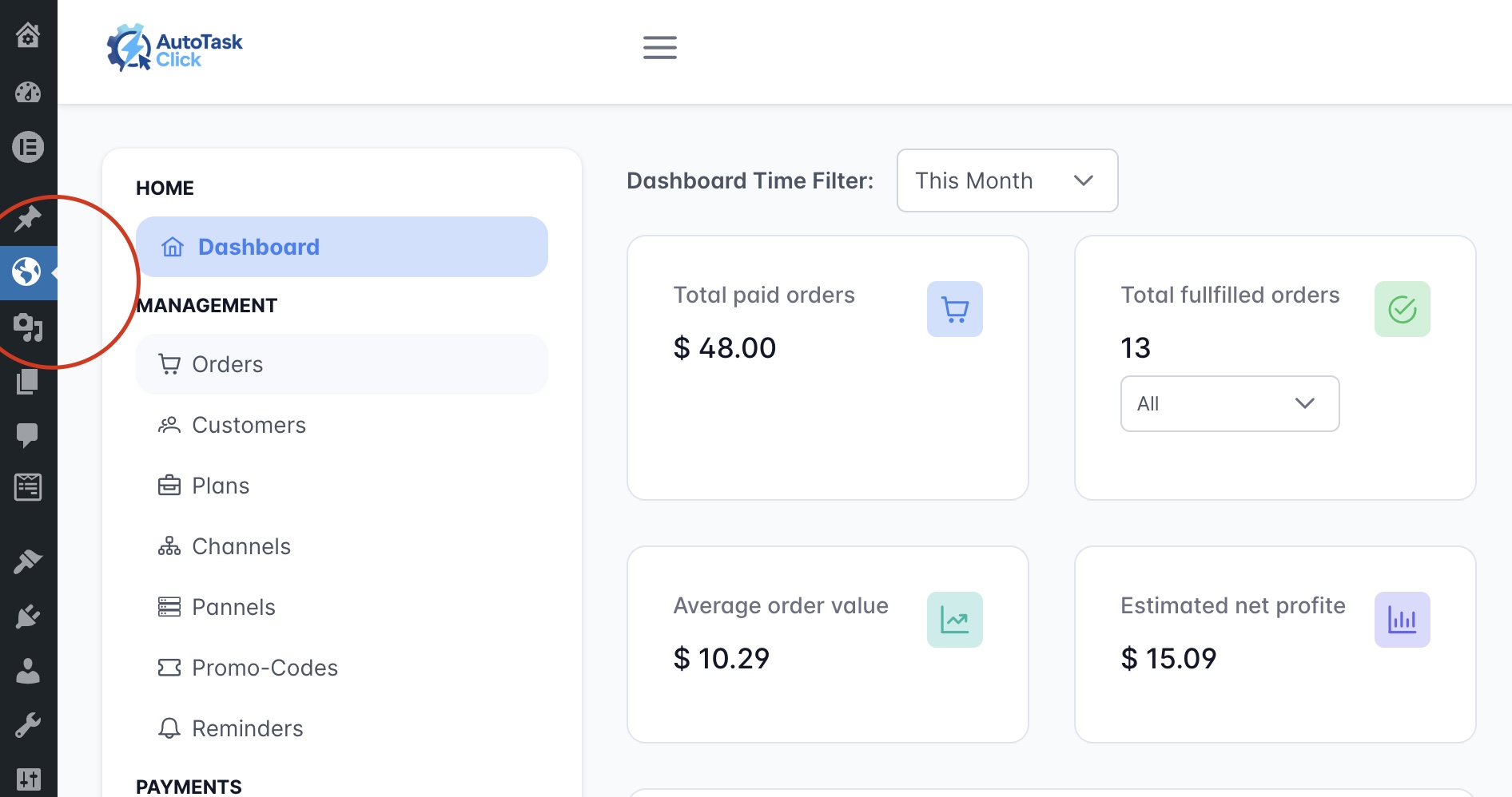 WordPress admin sidebar with Earth icon