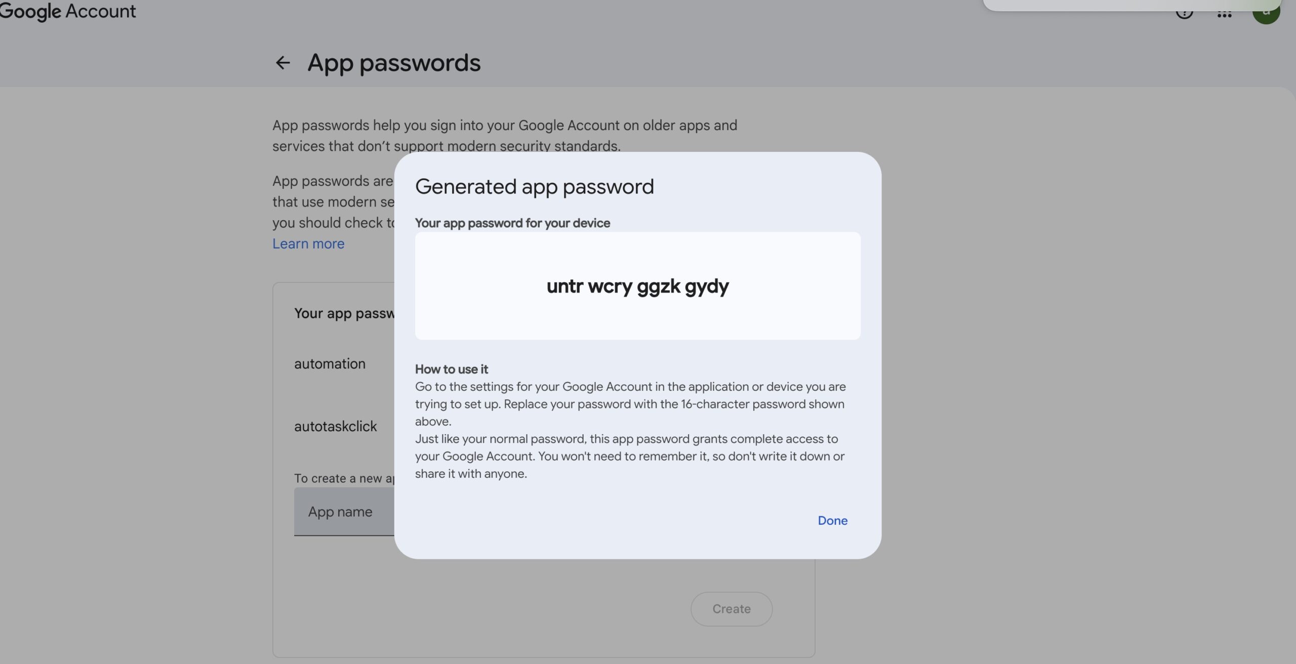 Google AppPasswords creation screen