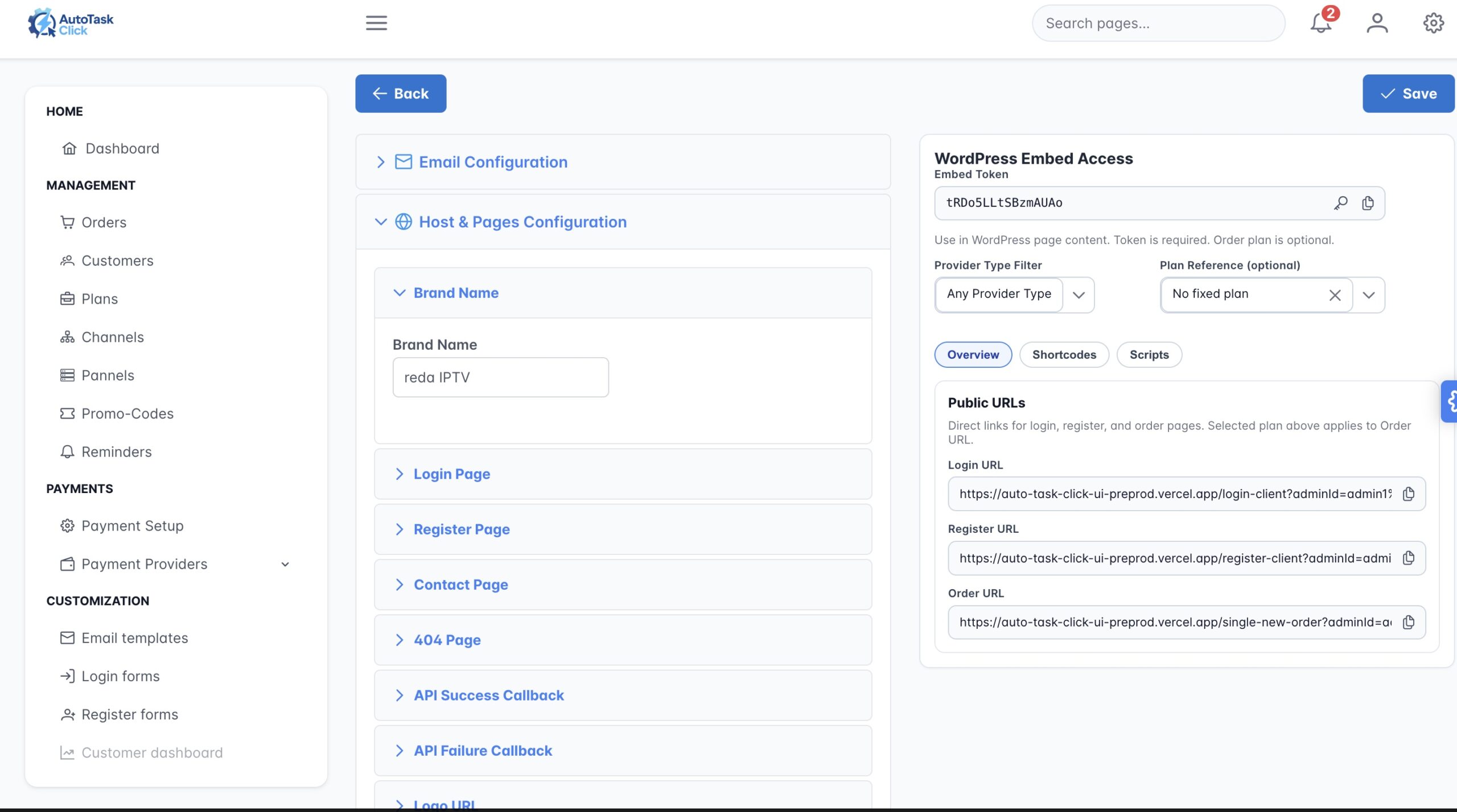 Host and Pages settings