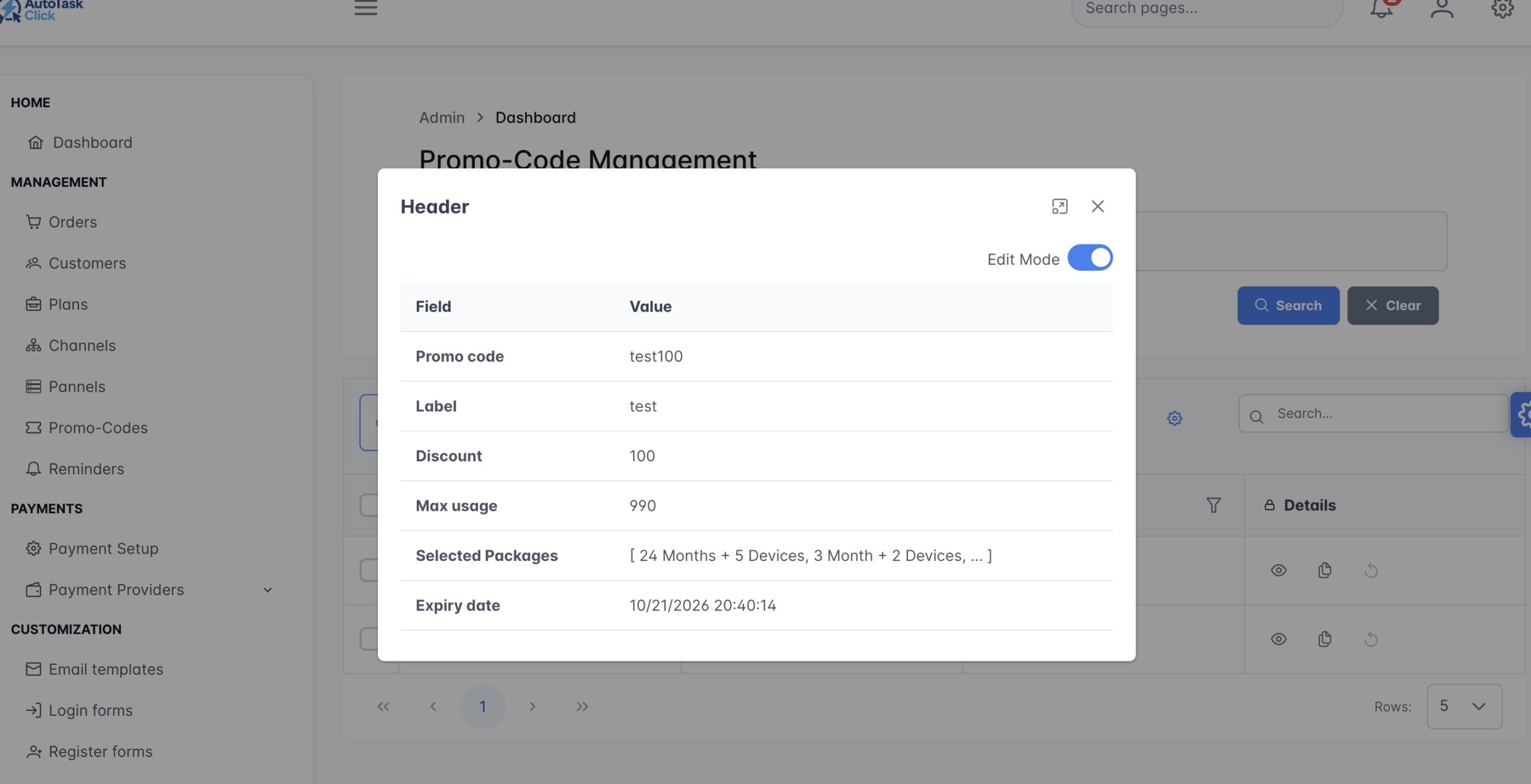Promo Codes Table