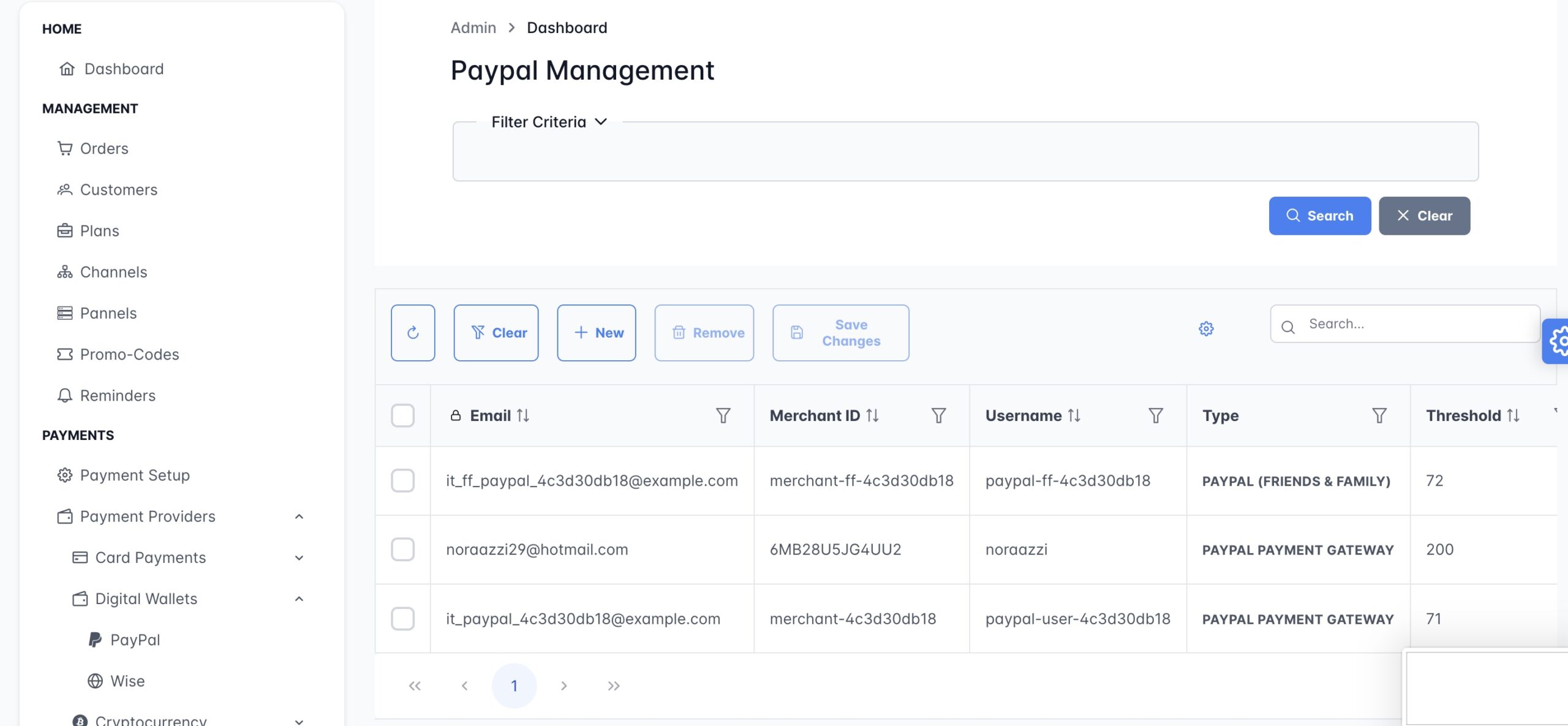 Payment accounts table